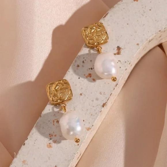 Gold Square Stud Fresh Water Pearl Drop Earrings, NICE EARRINGS, CUTE EARRINGS - Picture 5 of 7